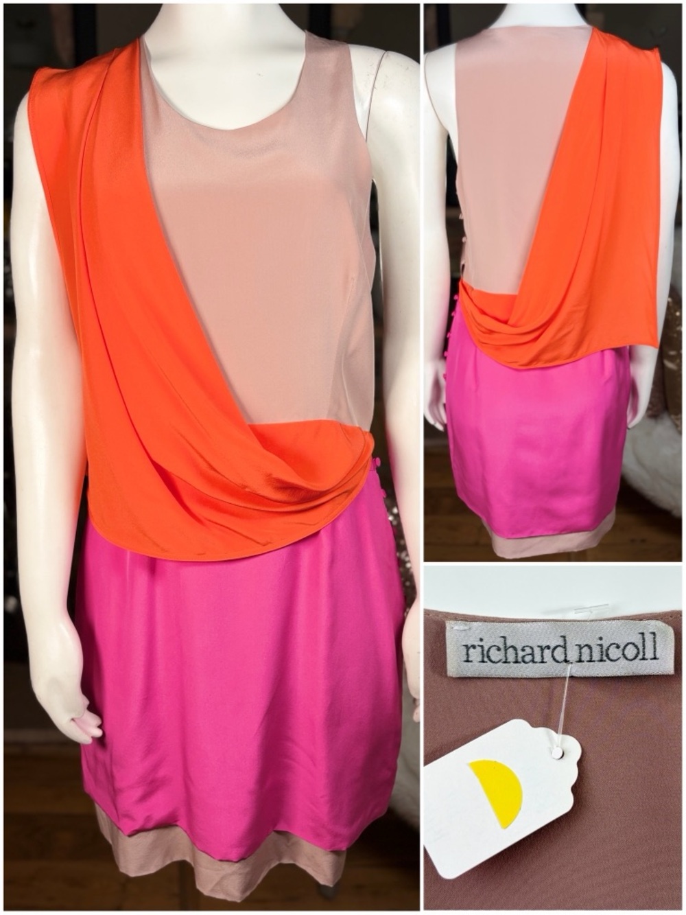 Richard Nicoll 100% Silk Colorblock Sleeveless Draped Midi Summer Dress, Sz 10